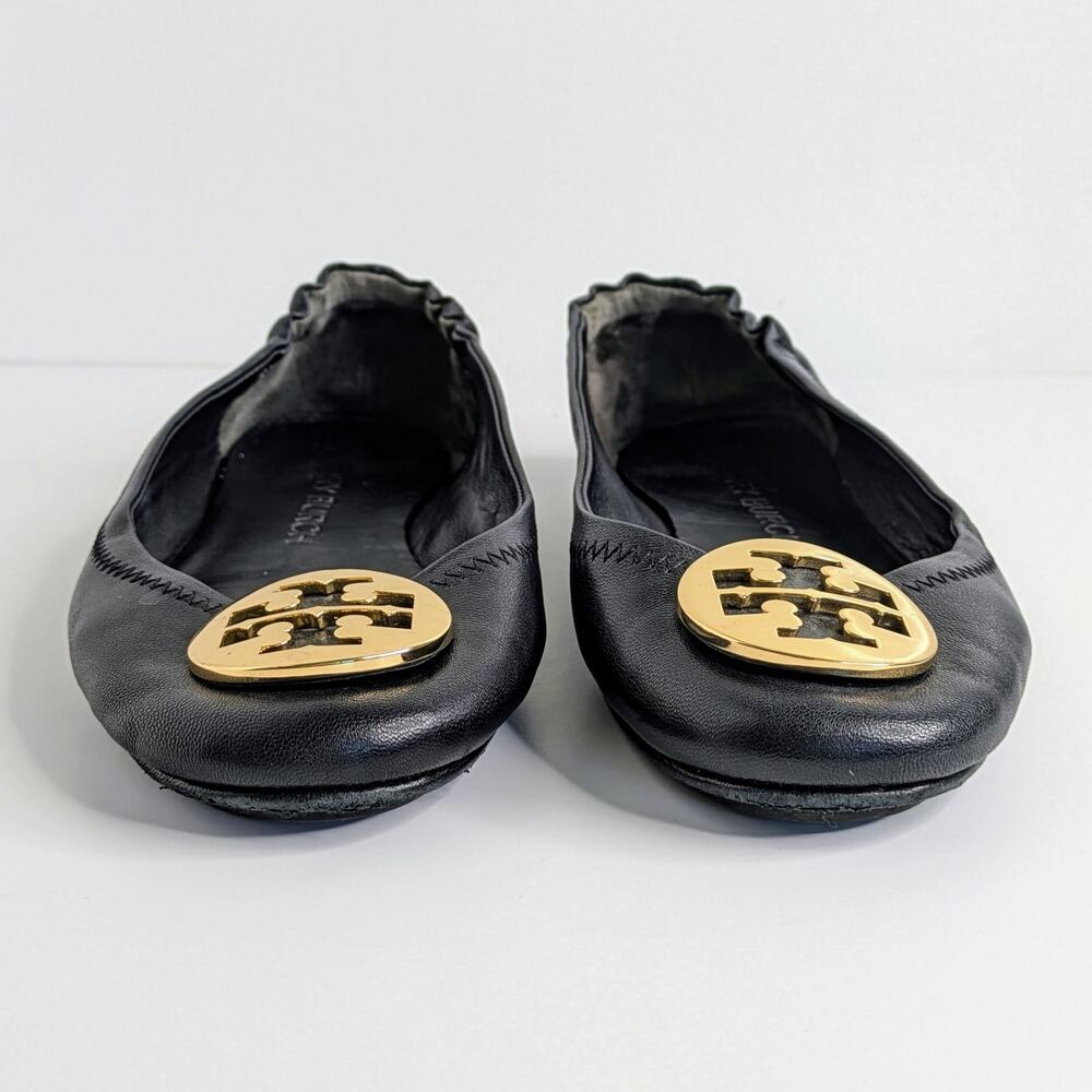 Tory Burch Minnie Travel Flats 8 Black Leather Gold Logo Ballet Designer GUC - Picture 5 of 14